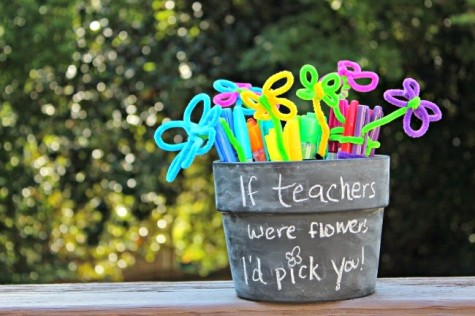 A teacher can never have too many pens. Make the useful gift of pens creative by turning them into a colorful flower pot. 