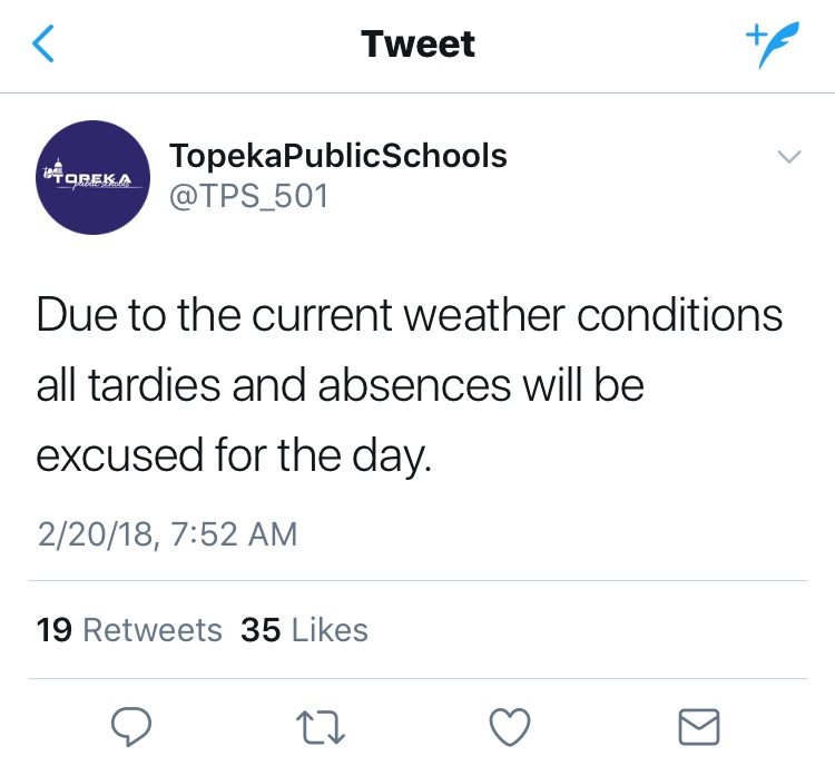 A tweet from Topeka Public Schools that confirmed the days attendance policy.
